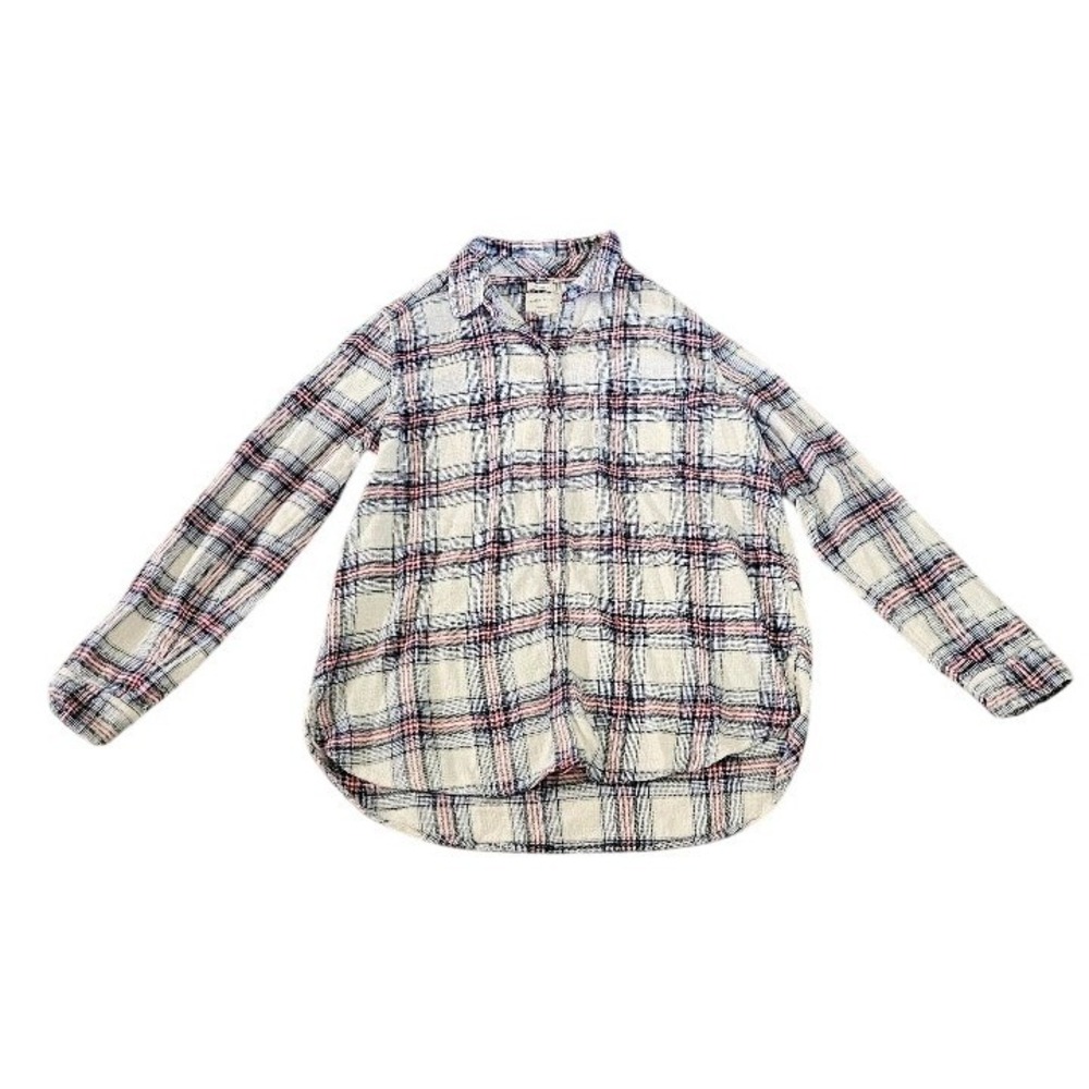 American Eagle Boyfriend Fit Plaid Flannel Shirt Cream Red Blue XL Cotton